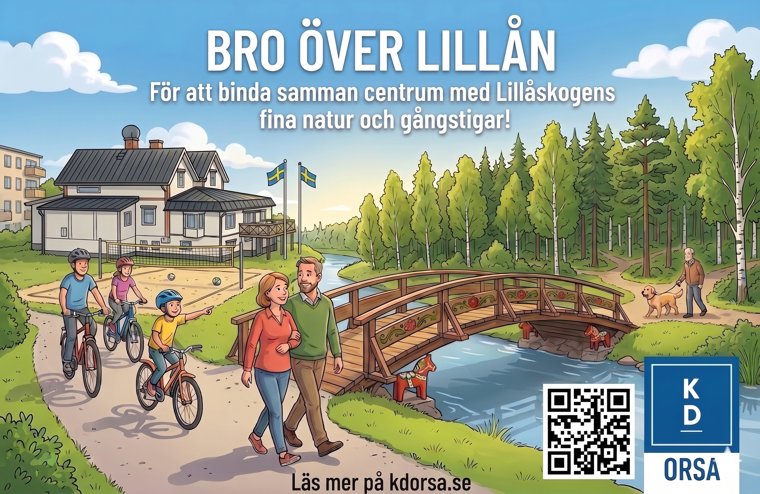 En bild på en bro över lillån som inte finns i nuläget, människor som cyklar och går och ett barn som pekar på bron