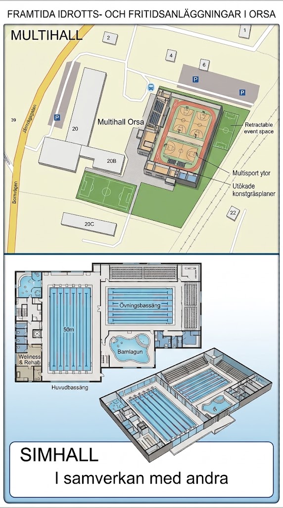 Två delad bild med multihall vid nuvarande området där sporthallen står idag. Multihallen är större och tar upp en del av grönområdet bakom sporthallen varvid en ny plan läggs framför skolan. Nedna är en genereisk bild på en simhall med flera bassänger och ett barnområde. 