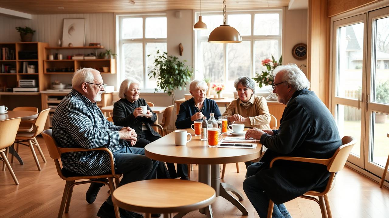 Äldre personer som fikar tillsammans i ett ljust, gemytligt rum